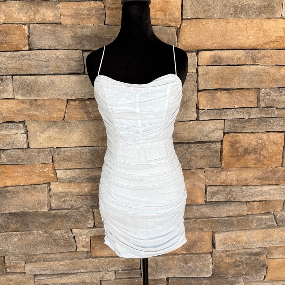 PRINCESS POLLY Ruched Bodycon Dress with Mesh Overlay in LIGHT BLUE